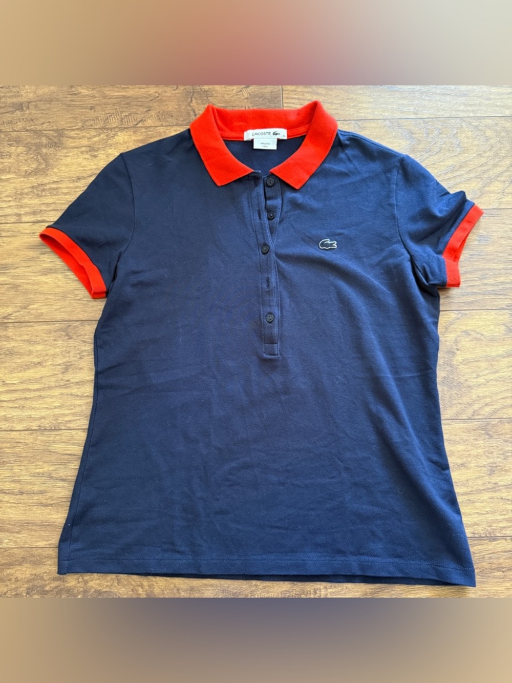 Lacoste Women’s Navy Red Trim Stretch Polo Shirt Size 40